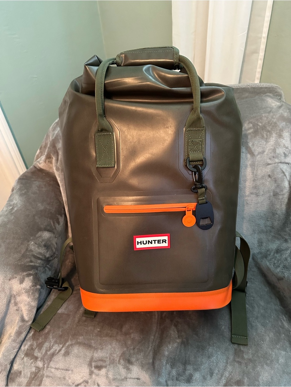 Hunter Olive Green Backpack cooler with Orange Trim
